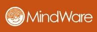 Kreis weiß, darin Gesicht lachend in Hintergrundfarbe, obere Hälfte gemustert wie Gehirn, rechts wim Kreis MindWare in weiß