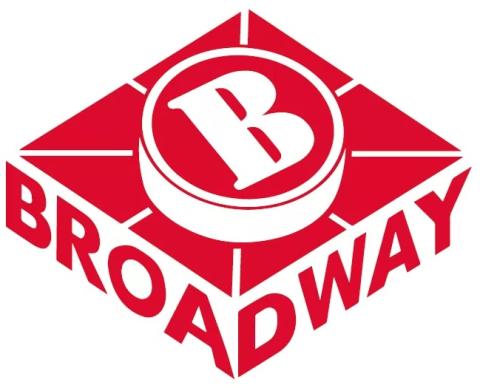 liegendes Quadrat wie Scrabblestein rot, darin 4 Linien orthogonal & diagonal, im Linien-Zentrum kleine Scheibe rot mit B weiß, Scheibenrand weiß; Quadratrannd weiß, darin BROADWAY über zwei Seiten