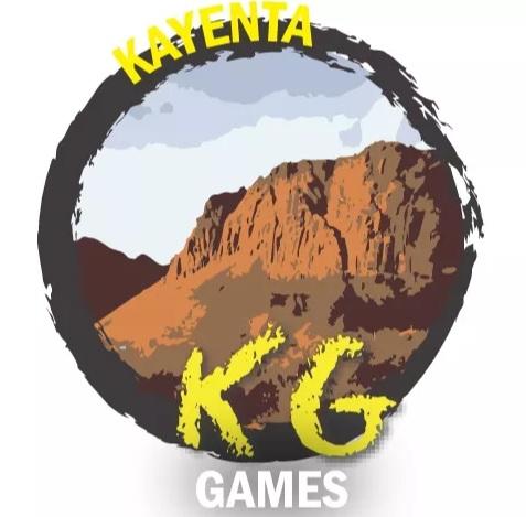 Kreis schwarz, dariin Felsen vor grün, im schwarzen Kreisrand KAYENTA in gelb, unten im Rand KG gelb, unter KG außerhalb des Kreises GAMES in weiß auf grau