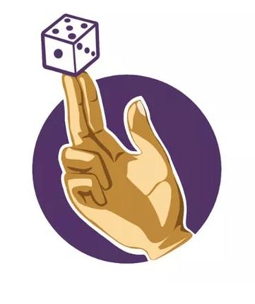 Kreis, farbig, darin offene Hand, Zeige und Mittelfinger hochgestreckt, darauf Würfel. Rahmen in Kreisfarbe- oben 5, vorne 1, rechts 3spa