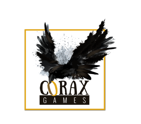 Rabe mit hochgestellten Flügeln, darunger Corax in Bloxbuchstaben schwarz, O als Gold-Ring im Rabenschnabel, darunter grau in schwarzem Balken Games.