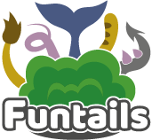 Funtails in weiß, schwarz gerahmt, quer über grüner Wolke  mit daraus ragenden fünf Tierschwanzenden in fünf Farben, alles in weißem Quadrat