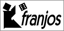 Rechteck, darin Tangram-Männchen sitzend mit erhobenem Arm, wirft Würfel in Richtung Schriftzug "franjos" über f