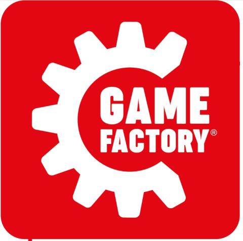Quadrat rot, links oben gerundete Ecke, darin 3/4 Zahnrad, weiß, in der Öffnung Game Factory in zwei Zeilen, weiß