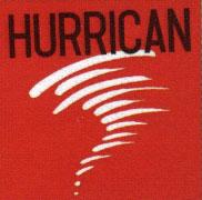 Rotes Quadrat, darin weiße Striche als Symbol für eine Windhose, darüber in scharz "HURRICAN"