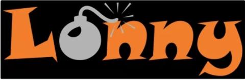 schwarzes Rechteck, Schriftzug Lonny, Zierschrift orange auf schwarz, o als Bombe in grau