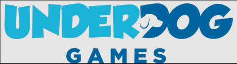 Underdog in unregelmäßigen Blockbuchstaben,  Hundekopf im Profil Rechtsblick in D. zweite Zeile GAMES in Normalschrift