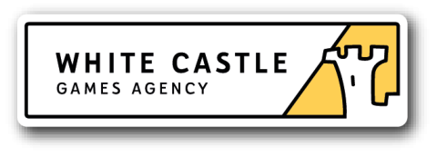 Balken 2/3 weiß, 1/3 gelb,schräge Grenzkante,  im weißen Balken WHITE CASTLE in schwarz, darunter Games Acency, im gelben Teil Umriß eines Turms in weiß