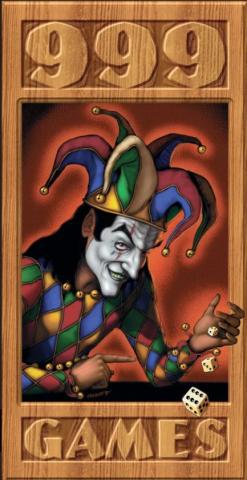 Rahmen mit Holzmusterung, Querbalken oben 999, unten Games, in der mitte bunter Jester im Profil, Kopf nach rechts