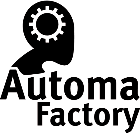Abstrakte Silhouette wie Kopf Profil rechts, dariin Zahnrad in Kontrast/Schachtel Hintergrund Farbe, darunter Automa Factory in zwei Zeilen, Factory etwas kleiner