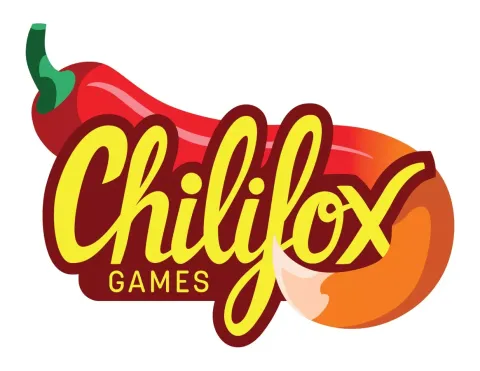Chili-Schote quer, rot-orange verlaufend, grüner Stiel links, quer über schote Chilifox fett, darunter GAMES, beides gelb