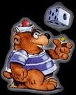 Sitzender Bär mit Clownhut , wirft Würfel mit linker Hand hoch, auch mit Schriftzug Heidelberger Spieleverlag zweizeilig links davon, auch spiegelverkehrt
