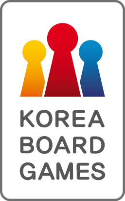 Korea Board Games in Blockbuchstaben, drei Zeilen, darüber 3 Pöppel, links orange-gelb, mittlerer größer, dunkelrot bis rot, rechter dunkelblau bis blau verlaufend