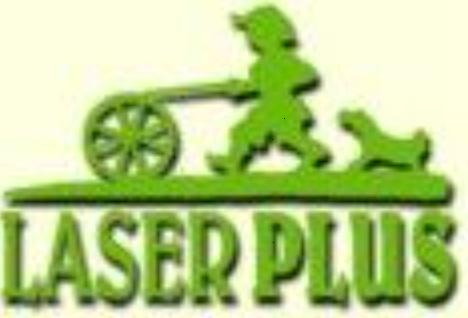 LASER PLUS, darüber Strich, darauf Bub hinter Rad, getrieben mit horizontalem Stock,Hund rechts neben Bub