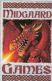 Rechteck; Musterborte quer oben und unten, darunter oben MIDGARD, darüber unten GAMES, beides rot; dazwischen roter Drache, Halbprofil nach rechts