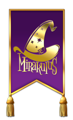 Lila Banner, unten gezackt, Quasten an den Ecken, darin goldener Zaubererhut mit Band und Sternen in Lila, Hutzipfel nach rechts