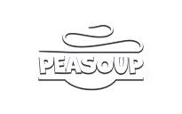 Schriftzug PEASOUP, darunter Strich mit Bogen nach unten unter ASO, darüber horizontaler Strich mit drei Bögen nach oben, endet über S, ähnelt sehr abstraktem Schwandäne