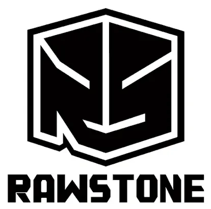 Sechseck schwarz, darin weiße Linien für abstraktes, maskenähnliches gesicht, linke untere Schräge des Sechsecks eingekerbt, unter Sechseeck RAWSTONE in Blockbuchstaben, schwarz