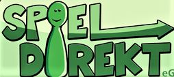 Grüner Hintergrund, Spiel direkt in zwei Zeilen, L von SPiel als Pfeil nach rechts verlängert, Pöppel als gemeinsames großes I von Spiel und Direkt, unteres Viertel von SPiel und direkt dunkler