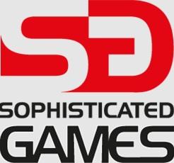 SG als abstractes Monogramm in grau/rot, darunter Sophisticated Games in Blockbuchstaben, zwei Zeilen, schwarz auf grau, Games doppelt so hoch wie Sophisticated; auch als nur Monogramm ohne Schriftvereinig