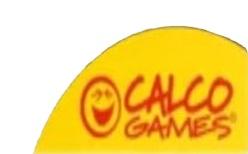 Kreissegment gelb darin - alles rot - Grinsesmiley mit Pfeilen als Augen, daneben CALCO GAMES in zwei Zeilen, Hintergrund Schachtelfarbe