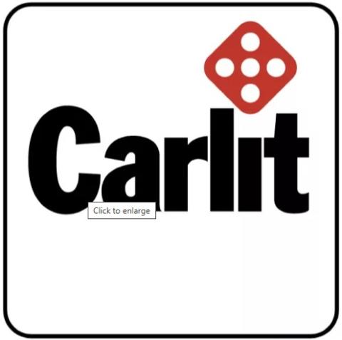weißes Quadrat in gerundetem schwarzen Rahmen, darin im oberen Drittel Carlit, auf Spitze Würfelseite mit 5 als I-Punkt von Carlit