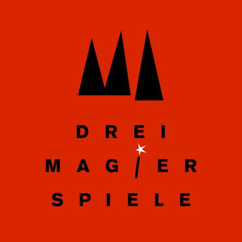 Rotes Quadrat, darin 3 Zacken (Magierhüte) in Schwarz, Schriftzug Drei Magier Spiele in Schwarz