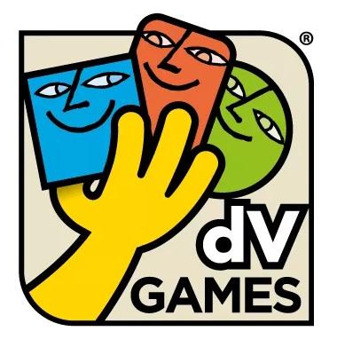 gelbe Hand mit blauer, roter und gründer Maske, rechts von Hand und unter grüner Maske dV Gamesi in zwei Zeilen, alles in Quadrat mit 2 gerundeten Ecken