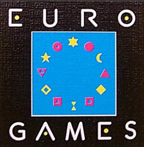 Schwarzers Quadrat, darin blaues Quadrat mit Sternen, Kreisen, Monden, Quadraten, rot, gelb, EURO über, GAMES unter blauem Quadrat  in weiß