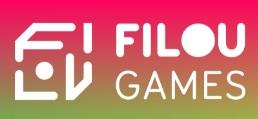 Würfelkanten als unkomplette Striche, Punkt in vorderer Fläche, daneben oder darunter FILOU Games in zwei Zeilen, Filou fetter, O in Filou als Punkt. Farbe je nach Box-Hintergrund