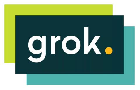 schwarzes Rechteck, dahinter links versetzt hellgrünes Rechteck, dahinter rechts unten versetzt helltürkises Rechteck, im schwarzen rechteck "grok" in weiß, daneben gelber Punkt