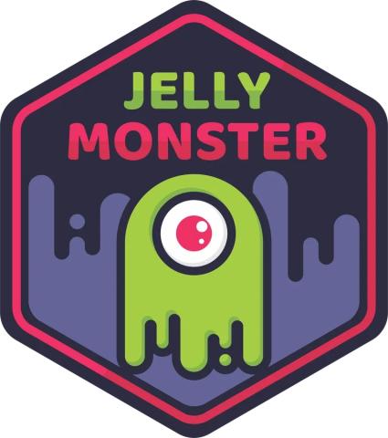 Sechseck schwarz, Rahmen rot, innen JELLY grün über MONSTER rot, darunter Oval grün, unten tropfend,  Kreis rot+Außenkreis weiß, links+rechts lila Fläche rund gezackt nach oben