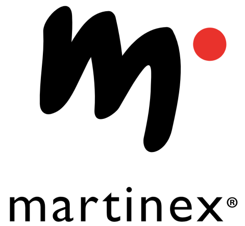 Kleinbuchstabe m, schräg, schwarz, rechts vom m oben roter Punkt, mit oder ohne Schriftzug martinex darunter