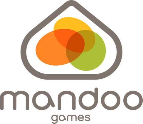 Breiter Tropfenrahmen, darin drei überlappende Ovale/Kreise, links orange, rechts grüner Kreis, oben gelbes Oval, unter Tropfen "mandoo games" in zwei Zeilen