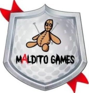 Wappen in Grauschatierungen, darin Voodo-Puppe braun, schwarz umrandet, darunter MALDITO GAMES schwarz, A rot,  links oben und rechts unten am Wappen gezackte Bandenden in rot