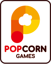 P aus Segmenten von Rot am Fuss bis gelb am Bogenende, darunter POPCORN GAMES, zwei Zeilen., POP rot, Rest schwarz