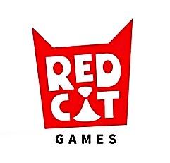 Hintergrund Quadrat mit Spitzohren wie Katzenkopf, rpt darin RED CAT in zwei Zeilen, weiß, A als Pöppel, unter Katzenkopf GAMES klein schwarz