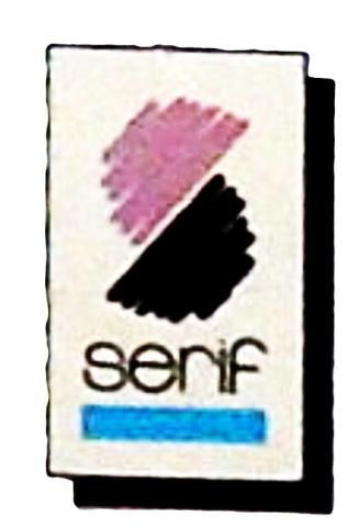 Rechteck weiß, rechts davon versetzt schwarzer Rahmen; im Rechteck zwei gestufte Halbkreise, schräg, obener rötlich/lila, unterer schwarz, darunter "serif", darunter Querbalken blau