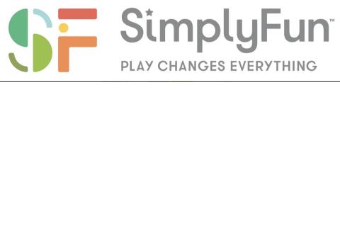 SF - S aus 2 Bögen und 2 Halbkreisen in blau und grün, F aus Winkel, Kreis und Querbalken in gelb/orange/rot; mit oder ohne rechts davon "SimplyFun", unter SimplyFun "play changes everythhing"