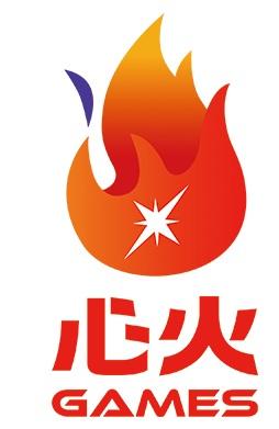 Flamme in Orange und rot, links blaue Flammenzunge, in Flamme weoßer Stern, darunter Synka (japanische Schriftzeichen) GAMES beides in rot