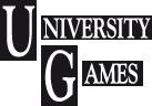 University Games in weiß, rot unterlegt, U und G in getrennten Rechtecken, auch schwarz-weiss