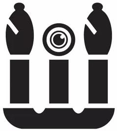 Quadrat weiß, darin dreiarmiger Kerzenleuchter, alle Kerzen-Teile waagrecht geteilt, links und rechts oben wie Mütze mit Kerbe als Flamme, in der Mitte Mehrfachkreis schwarz/weiß