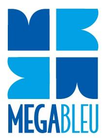 Vier eingekerbte Quadrate, 2 hellbla, 2 dunkelblau, im Quadrat angeordnet, darunter MEGABLEU Mega dunkelblau, Bleu Hellblau