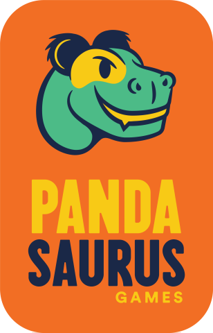 ab 2020, Oranges Rechteck,hoch,Rundecken,darin Saurierkopf grün,blau gerandet,blaue Haare,gelbes Auge,offenes Maul gelb, blauer Rand. Darunter PANDA gelb, SAURUS blau, GAMES rechtsbündig mit Saurus,klein, gelb