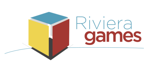 Würfel weiß, darauf Farbflächen oben blau, unten schwarz, vorne links gelb, rechts rot, daneben Riviera blau, darunter games in rot, fett, blauer Strich diagonal durch Würfelunterseite und unter games