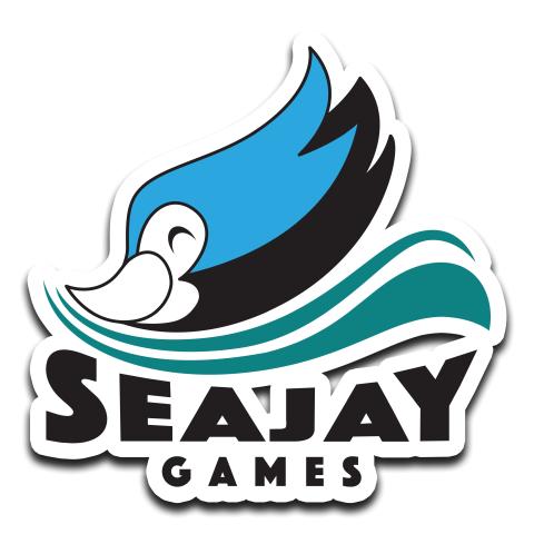 abstrakter Delphin, diagonal, schwarz und blaum weiß gerahmt, auf türkiser Welle, die nach rechts breiter wird, darunter SEAJAY, darunter kleiner GAMES