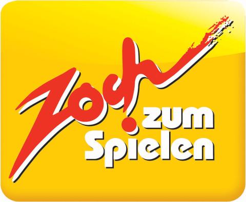 Zoch in roter Schreibschrift, schräg, darunter "zum Spielen" mit rotem i-Punkt - auch in anderen Farbstellungen