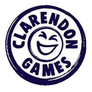 Kreis dunkelblau, darin Grinsesmiley, zwischen Außenkreis und Smiley oben CLARENDON unten GAMES
