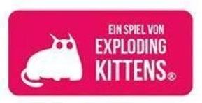 liegende Katze weiß, Augenfarbe gleich Hintergrundfarbe, rechts daneben dreizeilig En Spiel von Exploding Kittens, Zeilen größer werdend, Blockbuchstaben, auch A Game statt Ein Spiel