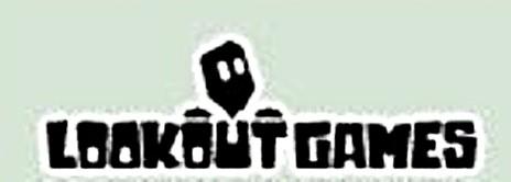 schwarzes abstraktes gesicht mit 2 löchern als augen schaut über u in "LOOKOUT GAMES" , Kreissegmente als fäuste über o und tF, auch andere Farben und GAMES unter LOOKOUT